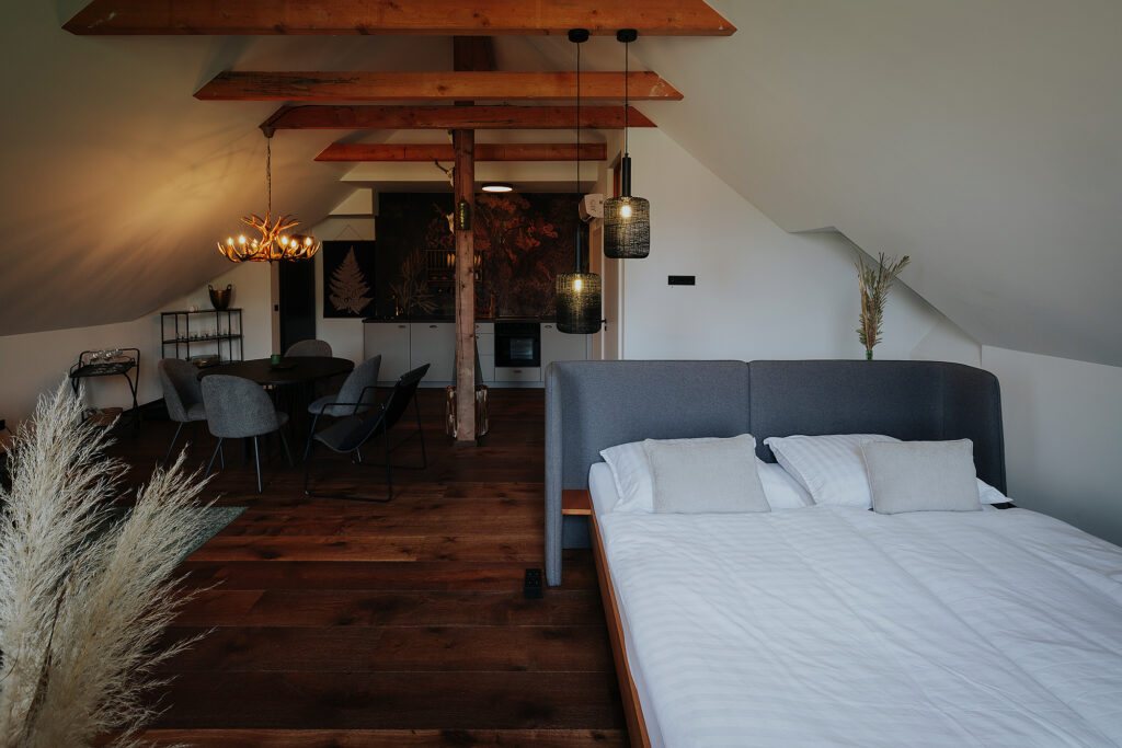 Wohn- und Essbereich mit Geweihleuchter in der Wohnung Kaiserblick